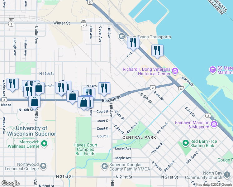 map of restaurants, bars, coffee shops, grocery stores, and more near 103 East 7th Street in Superior