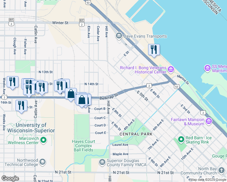 map of restaurants, bars, coffee shops, grocery stores, and more near 103 East 7th Street in Superior