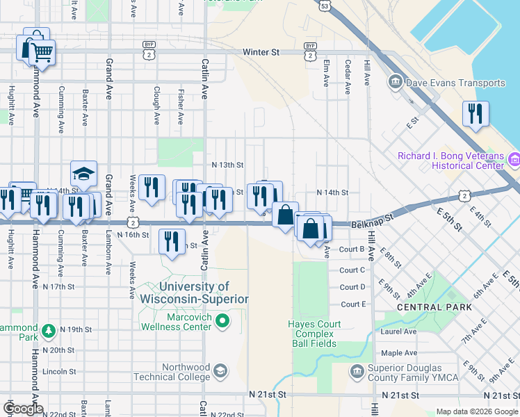 map of restaurants, bars, coffee shops, grocery stores, and more near 274 Belknap Street in Superior