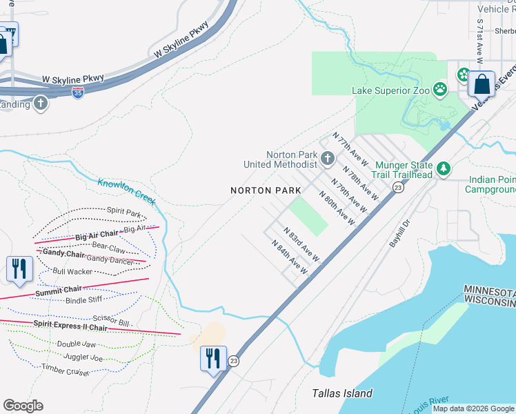 map of restaurants, bars, coffee shops, grocery stores, and more near 8315 Coleman Street in Duluth
