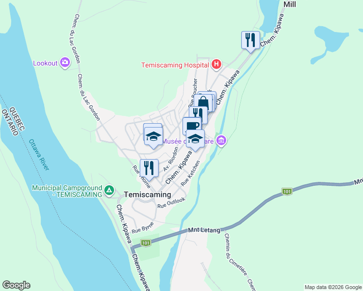 map of restaurants, bars, coffee shops, grocery stores, and more near Avenue Anvik in Témiscaming