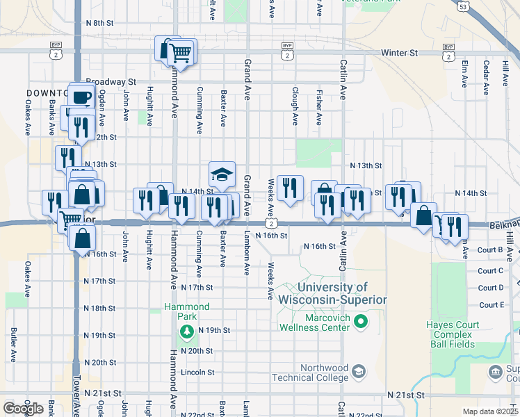 map of restaurants, bars, coffee shops, grocery stores, and more near 1001 Belknap Street in Superior
