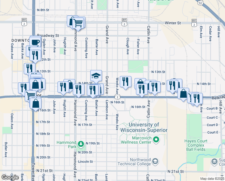 map of restaurants, bars, coffee shops, grocery stores, and more near 1001 Belknap Street in Superior