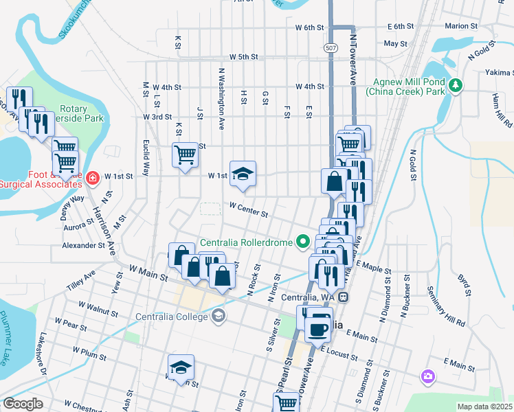 map of restaurants, bars, coffee shops, grocery stores, and more near 605 G Street in Centralia