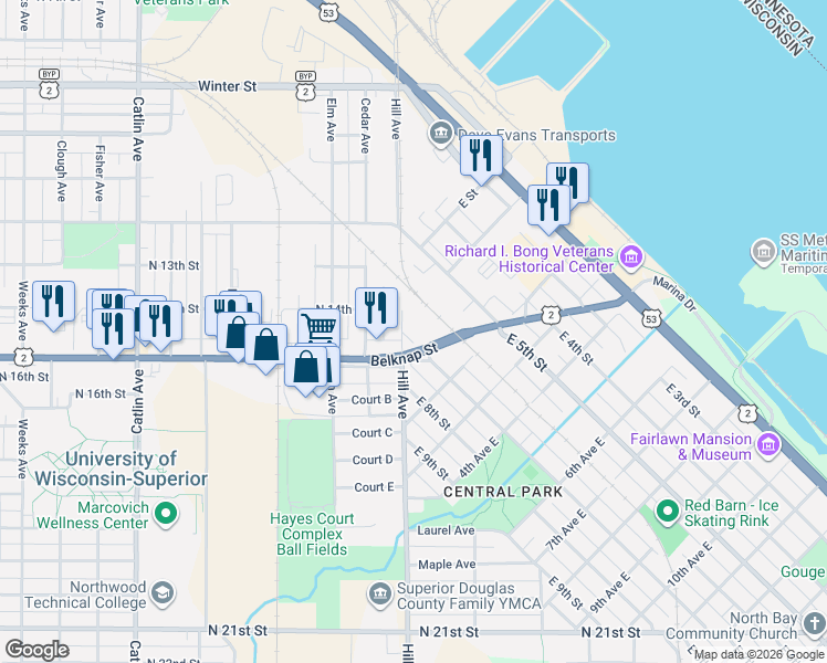 map of restaurants, bars, coffee shops, grocery stores, and more near 61 East 7th Street in Superior