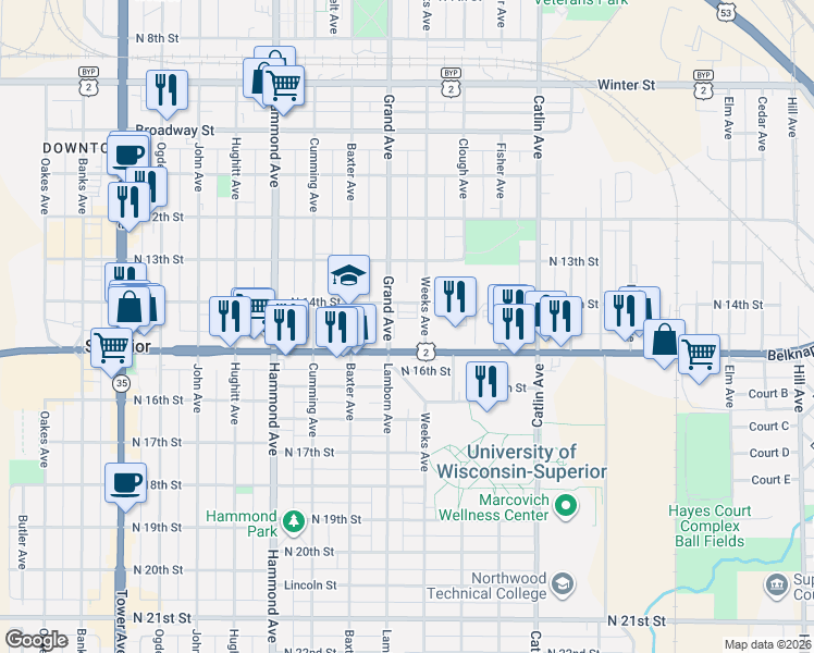 map of restaurants, bars, coffee shops, grocery stores, and more near 1320 Grand Avenue in Superior