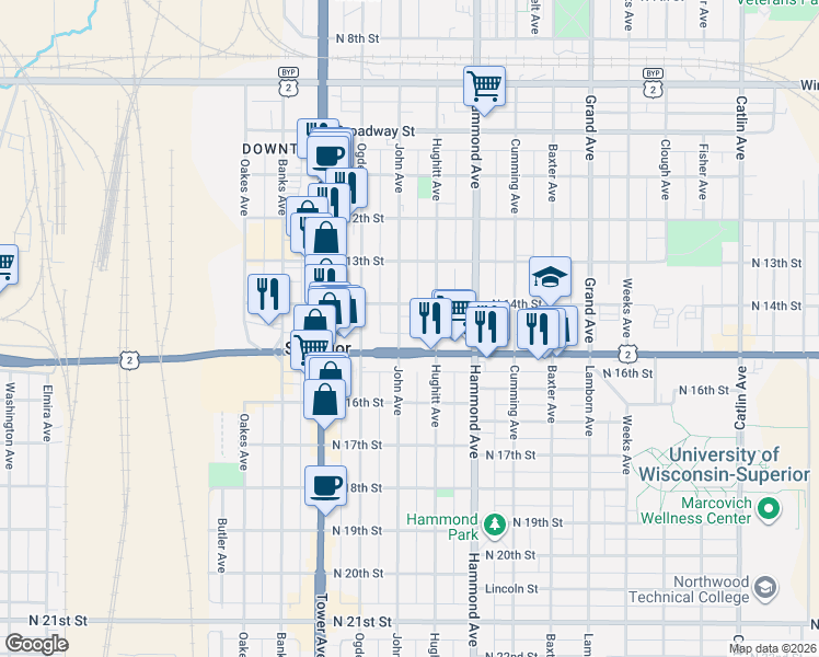 map of restaurants, bars, coffee shops, grocery stores, and more near 1511 North 14th Street in Superior
