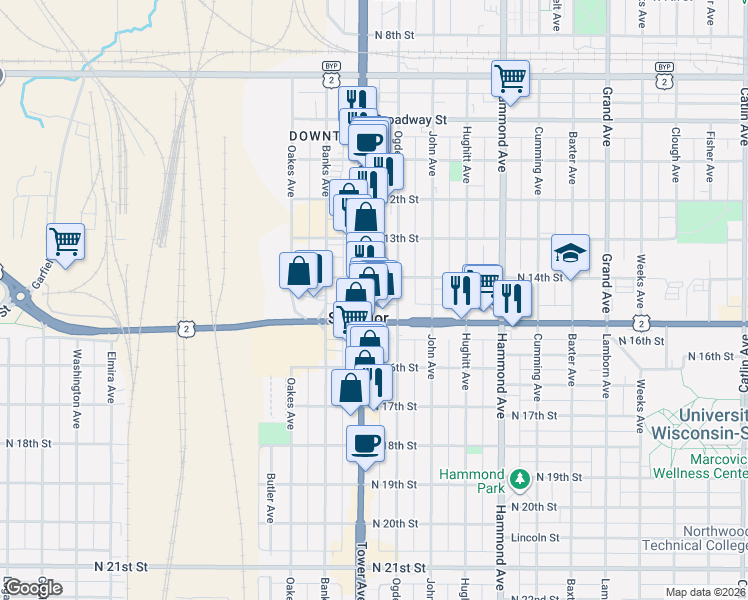 map of restaurants, bars, coffee shops, grocery stores, and more near 1327 Ogden Avenue in Superior
