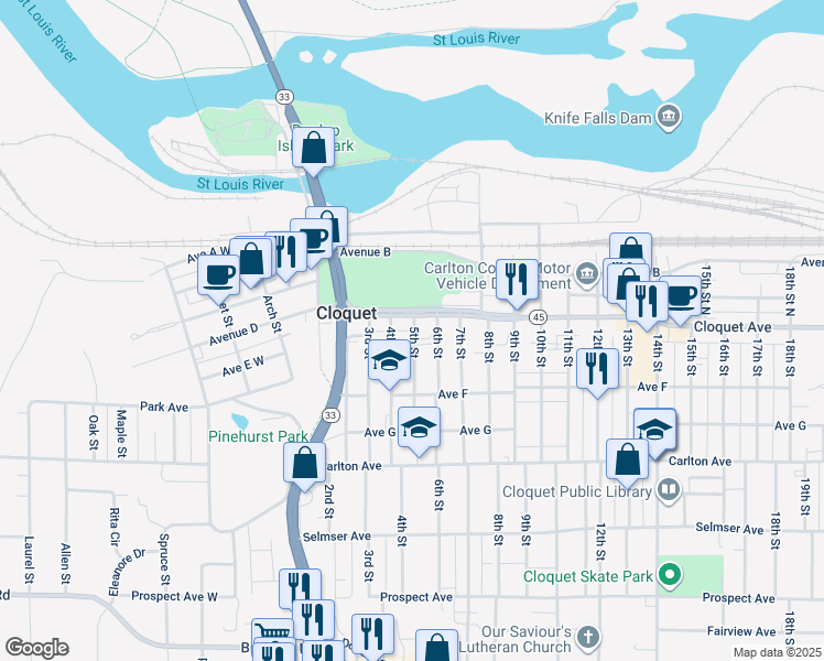 map of restaurants, bars, coffee shops, grocery stores, and more near 501-551 Cloquet Avenue in Cloquet