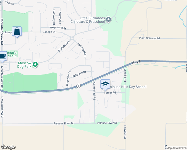 map of restaurants, bars, coffee shops, grocery stores, and more near 1418 Roxbury Drive in Moscow