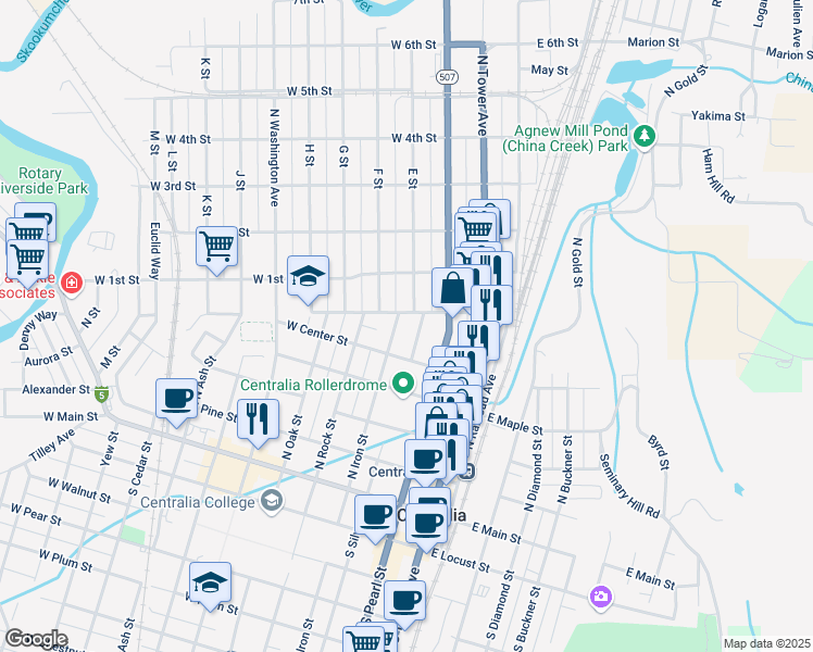 map of restaurants, bars, coffee shops, grocery stores, and more near 611 E Street in Centralia