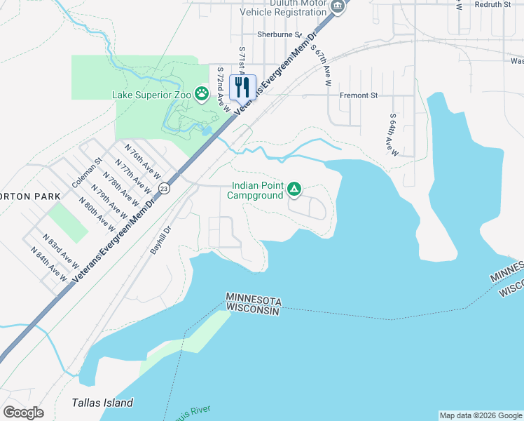 map of restaurants, bars, coffee shops, grocery stores, and more near Western Waterfront Trail in Duluth