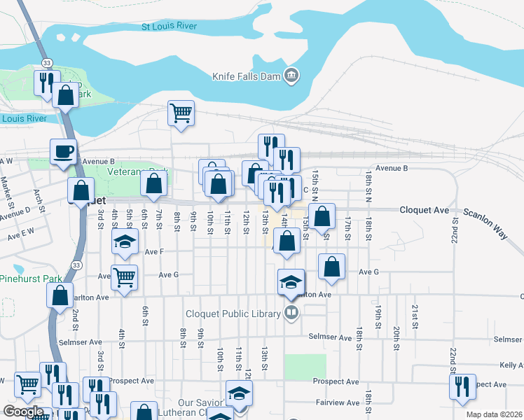 map of restaurants, bars, coffee shops, grocery stores, and more near 1205 Cloquet Avenue in Cloquet