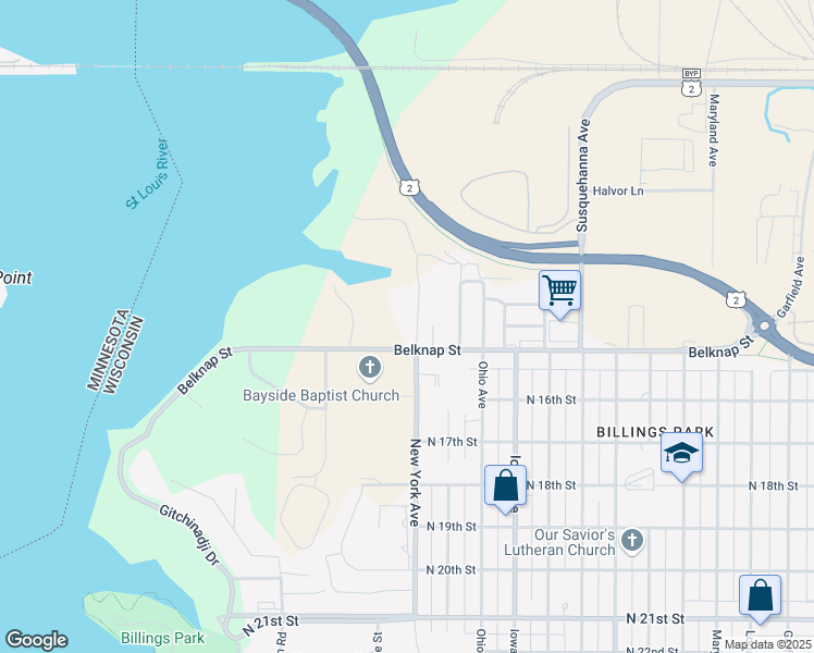 map of restaurants, bars, coffee shops, grocery stores, and more near 1415 New York Avenue in Superior