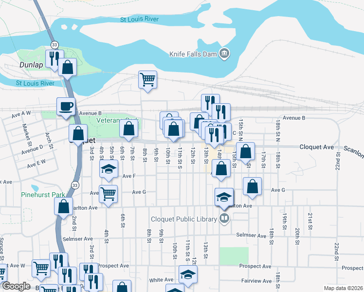 map of restaurants, bars, coffee shops, grocery stores, and more near 1107 Cloquet Avenue in Cloquet