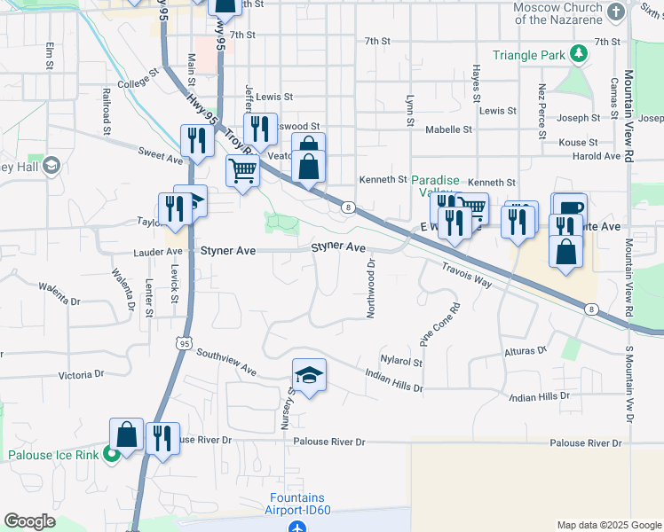 map of restaurants, bars, coffee shops, grocery stores, and more near 420 Rowe Street in Moscow