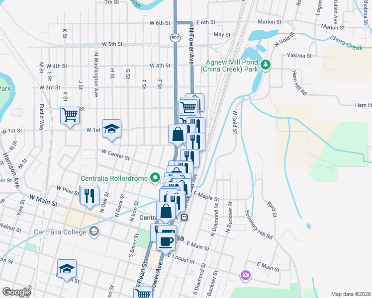 map of restaurants, bars, coffee shops, grocery stores, and more near 612 North Tower Avenue in Centralia