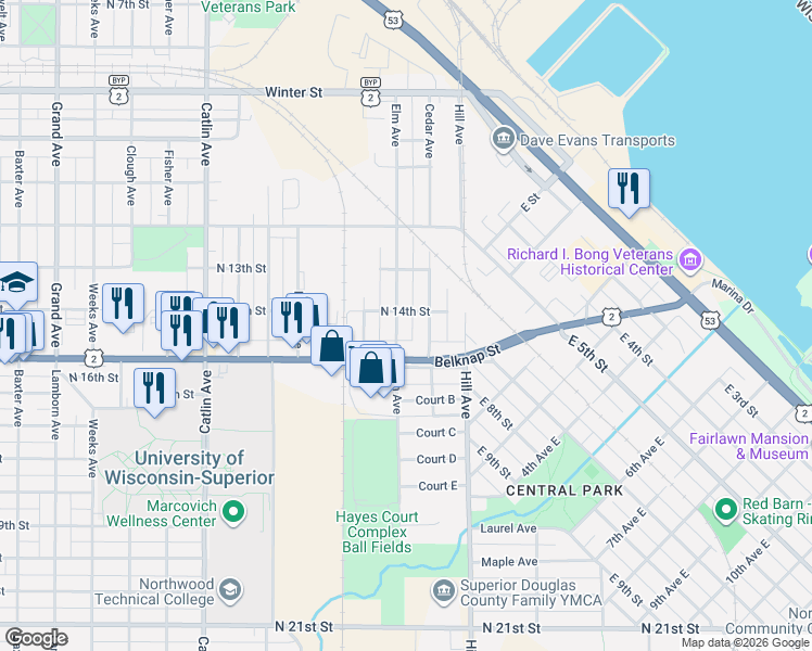 map of restaurants, bars, coffee shops, grocery stores, and more near 1325 Cedar Avenue in Superior