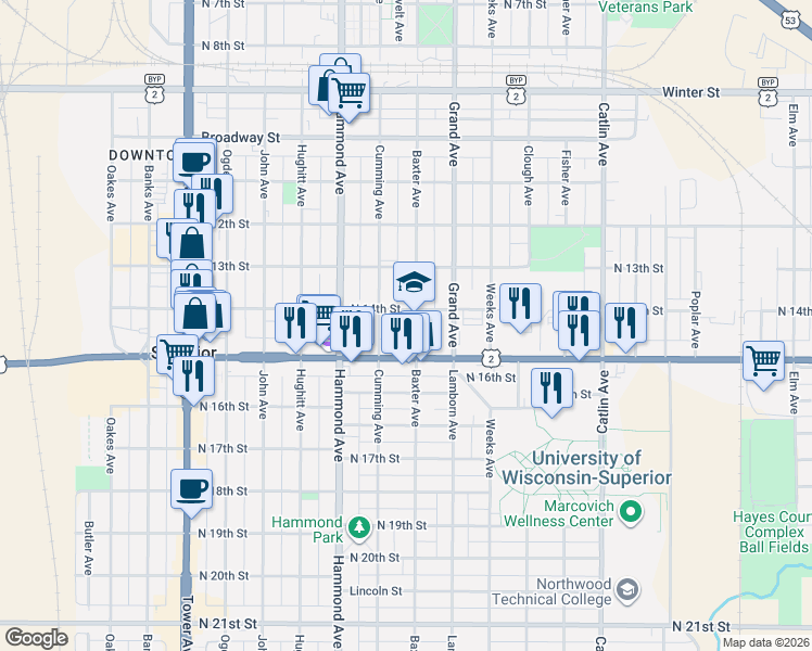 map of restaurants, bars, coffee shops, grocery stores, and more near 1211 North 14th Street in Superior