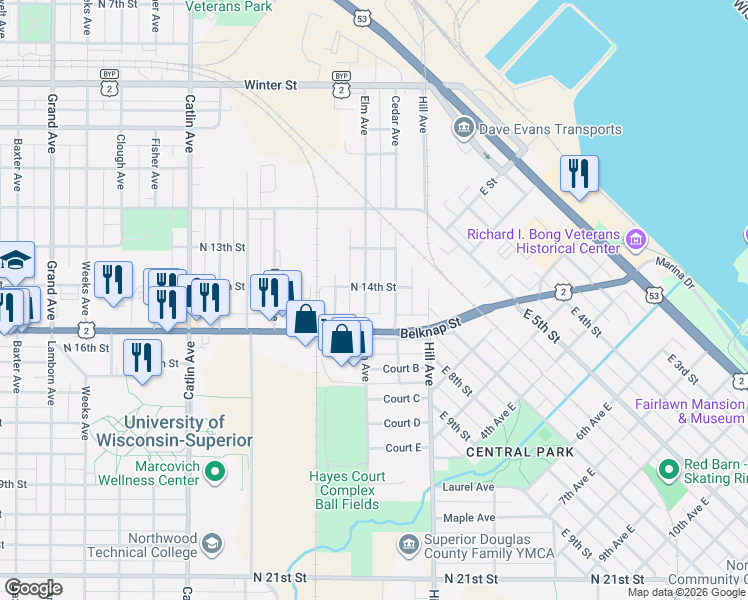 map of restaurants, bars, coffee shops, grocery stores, and more near 1325 Cedar Avenue in Superior