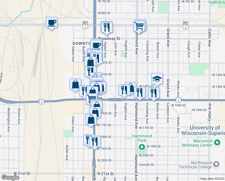 map of restaurants, bars, coffee shops, grocery stores, and more near 1409 John Avenue in Superior