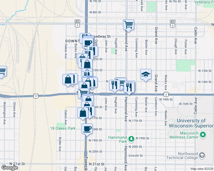 map of restaurants, bars, coffee shops, grocery stores, and more near 1409 John Avenue in Superior