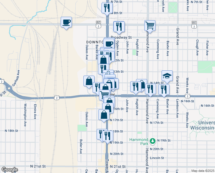 map of restaurants, bars, coffee shops, grocery stores, and more near 1805 North 14th Street in Superior