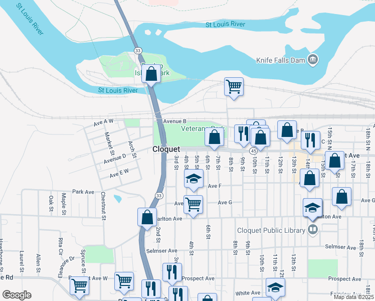 map of restaurants, bars, coffee shops, grocery stores, and more near 406 Cloquet Avenue in Cloquet