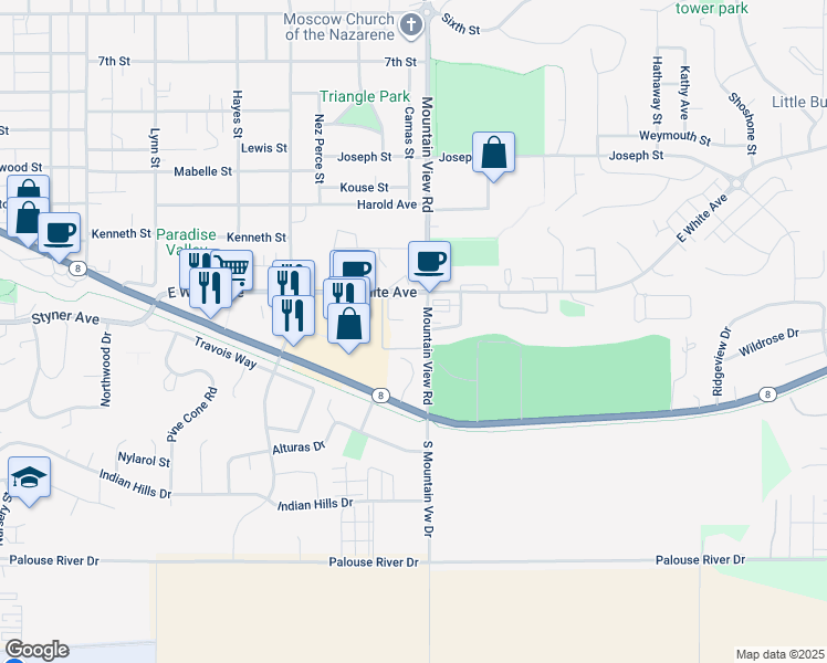 map of restaurants, bars, coffee shops, grocery stores, and more near 1425 South Mountain View Road in Moscow