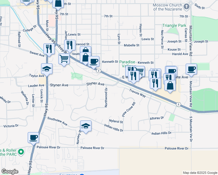 map of restaurants, bars, coffee shops, grocery stores, and more near 682 Styner Avenue in Moscow