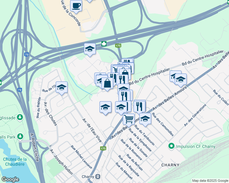 map of restaurants, bars, coffee shops, grocery stores, and more near 8093 Boulevard du Centre-Hospitalier in Lévis