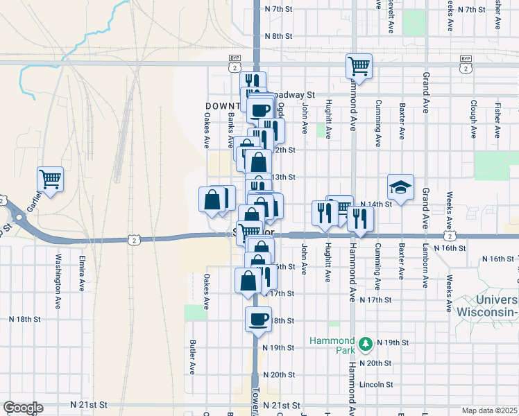 map of restaurants, bars, coffee shops, grocery stores, and more near 1327 Ogden Avenue in Superior