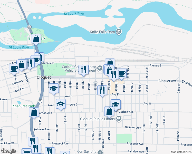 map of restaurants, bars, coffee shops, grocery stores, and more near 1107 Cloquet Avenue in Cloquet