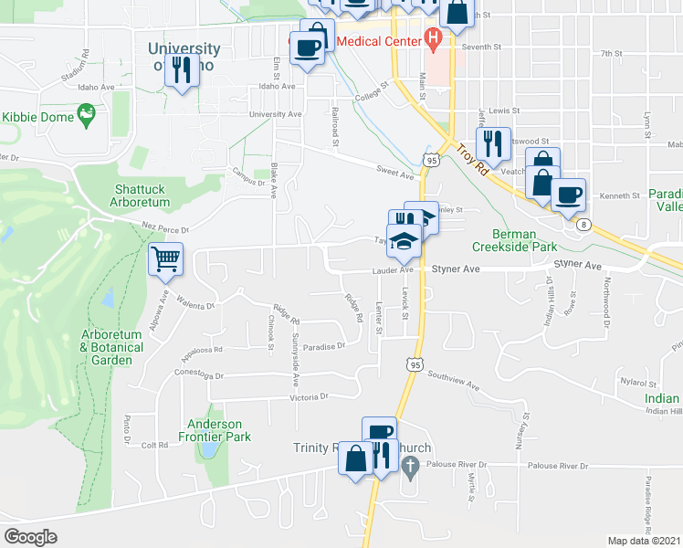 map of restaurants, bars, coffee shops, grocery stores, and more near Ridge Road in Moscow