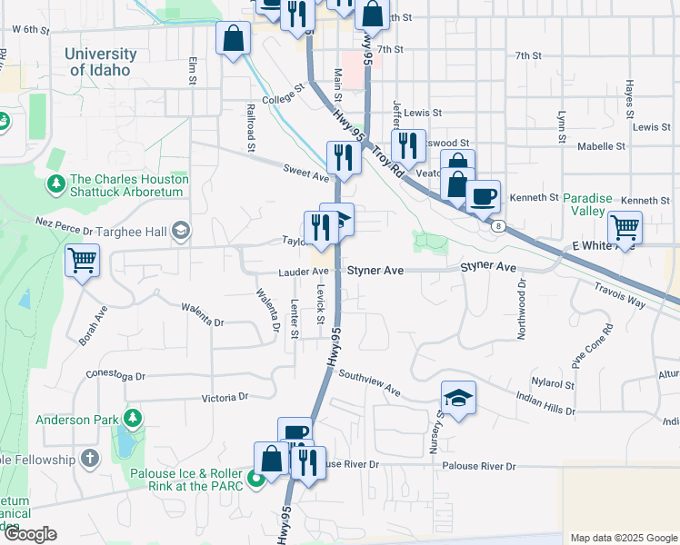 map of restaurants, bars, coffee shops, grocery stores, and more near 1400 South Main Street in Moscow