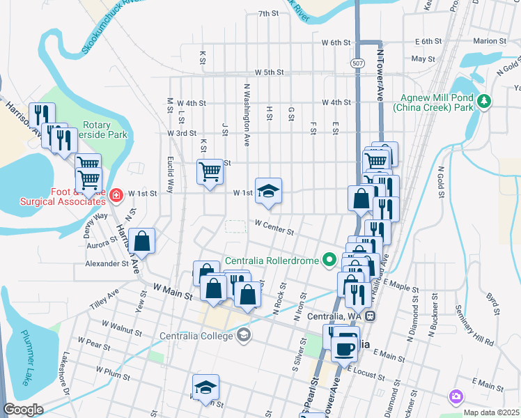 map of restaurants, bars, coffee shops, grocery stores, and more near 607 H Street in Centralia