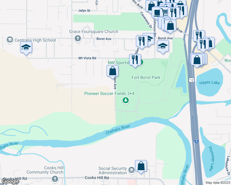 map of restaurants, bars, coffee shops, grocery stores, and more near Bryden Avenue in Centralia