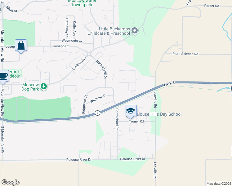 map of restaurants, bars, coffee shops, grocery stores, and more near 1418 Roxbury Drive in Moscow