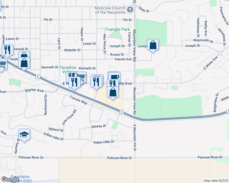 map of restaurants, bars, coffee shops, grocery stores, and more near 1404 South Blaine Street in Moscow