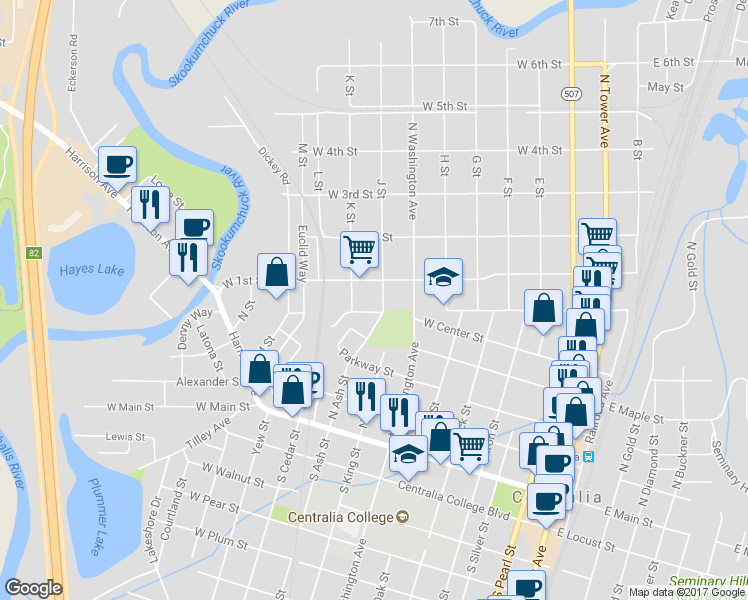map of restaurants, bars, coffee shops, grocery stores, and more near 607 J Street in Centralia