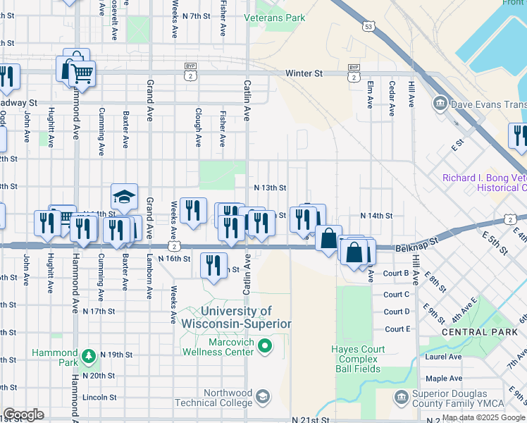 map of restaurants, bars, coffee shops, grocery stores, and more near 603 North 14th Street in Superior