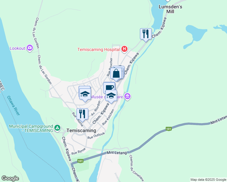 map of restaurants, bars, coffee shops, grocery stores, and more near 522 Chemin Kipawa in Témiscaming