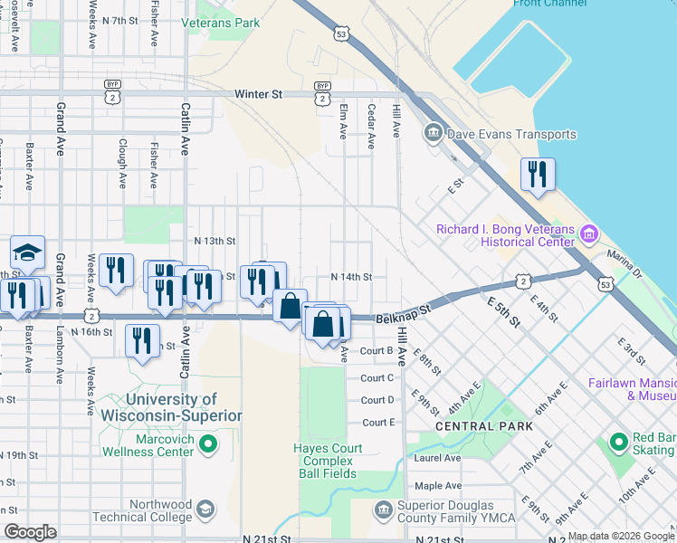 map of restaurants, bars, coffee shops, grocery stores, and more near 1325 Elm Avenue in Superior