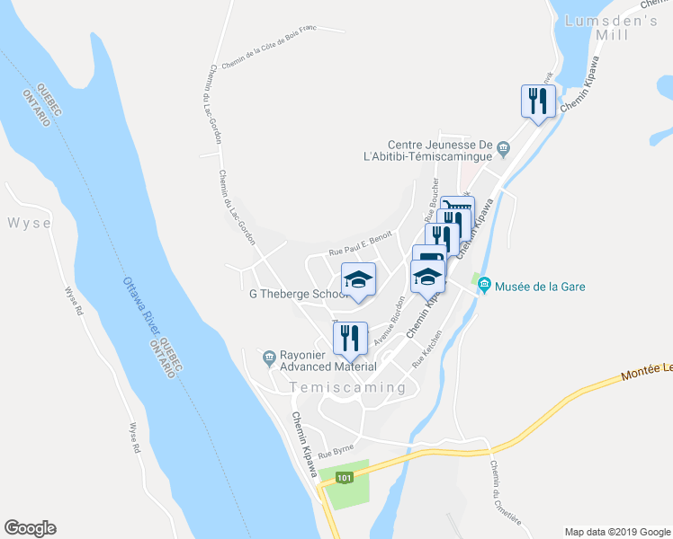 map of restaurants, bars, coffee shops, grocery stores, and more near 71 Rue Sainte Thérèse in Témiscaming