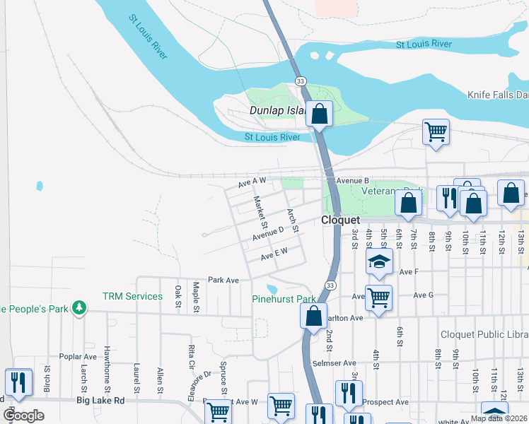 map of restaurants, bars, coffee shops, grocery stores, and more near 223 Avenue C in Cloquet