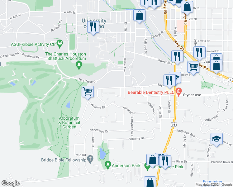 map of restaurants, bars, coffee shops, grocery stores, and more near 1314 Linda Lane in Moscow