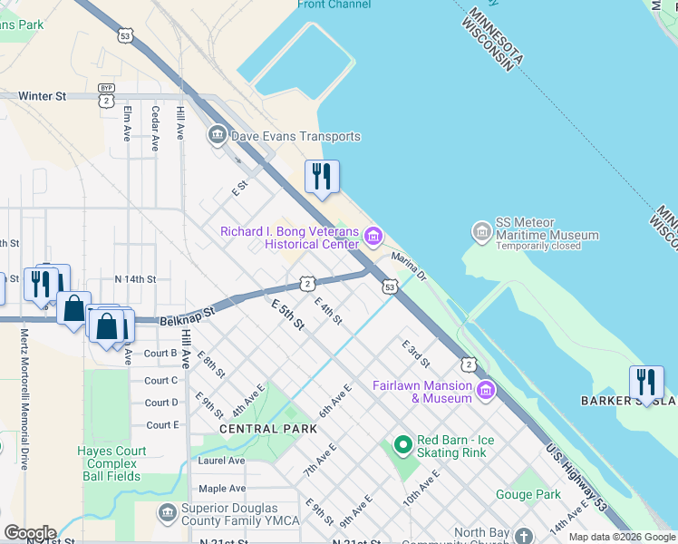 map of restaurants, bars, coffee shops, grocery stores, and more near 303 Lenroot Highway in Superior