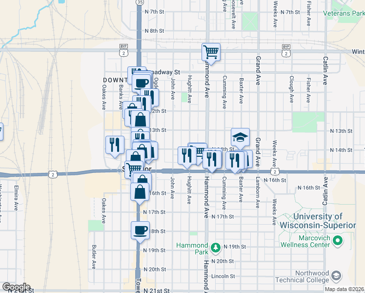 map of restaurants, bars, coffee shops, grocery stores, and more near 1511 North 14th Street in Superior