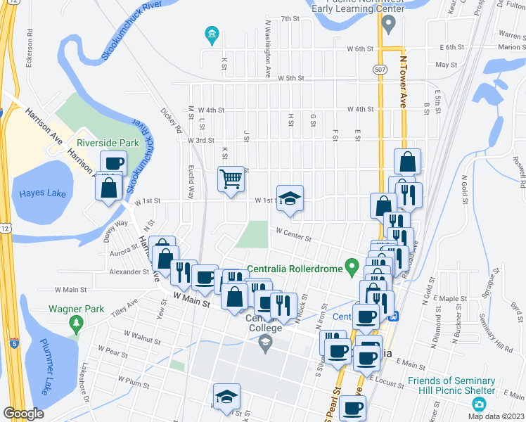 map of restaurants, bars, coffee shops, grocery stores, and more near 615 North Washington Avenue in Centralia
