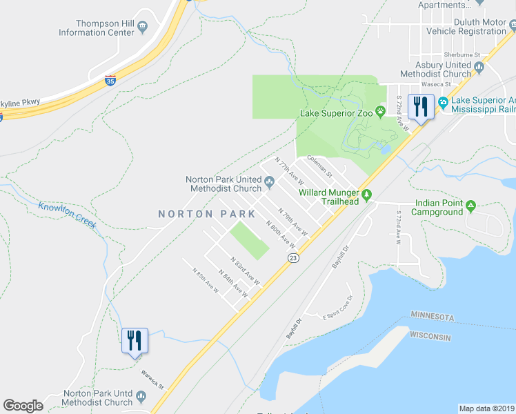 map of restaurants, bars, coffee shops, grocery stores, and more near 438 North 80th Avenue West in Duluth